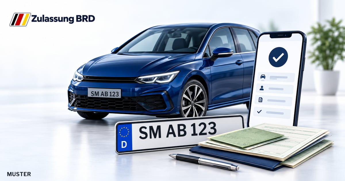 Online Fahrzeugzulassung in Meiningen: Musterkennzeichen SM AB 123, Auto und Fahrzeugpapiere und Smartphone. Illustration mit Logo von Zulassung BRD.